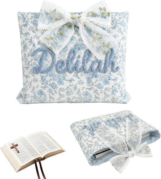 Personalized Quilted Bow Bible Sleeve Book Cover Case for Women - Custom 3D Embroidery Name Bible Carrying Case, Customized Bible Accessories Gift for Christians Women Girls Book Lovers (Style 01)