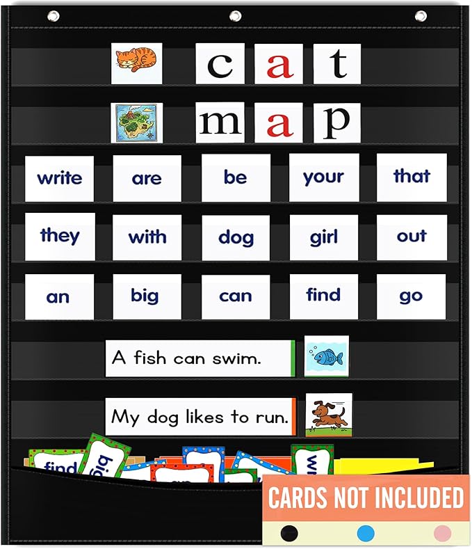 Pocket Chart for Classroom - 7+1 Black Pocket Chart for Alphabet Learning Word Wall Calendar Daily Schedule Sentence Strips Sticker Display, Teacher Supplies for Preschool Kindergarten & Home