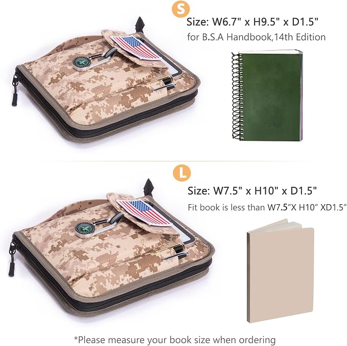 Handbook Book Cover Compatible with BoyScoouts Handbook with Amercan Flag Patch and Compass - Book Sleeve - Handbook Protector for Boys Girls
