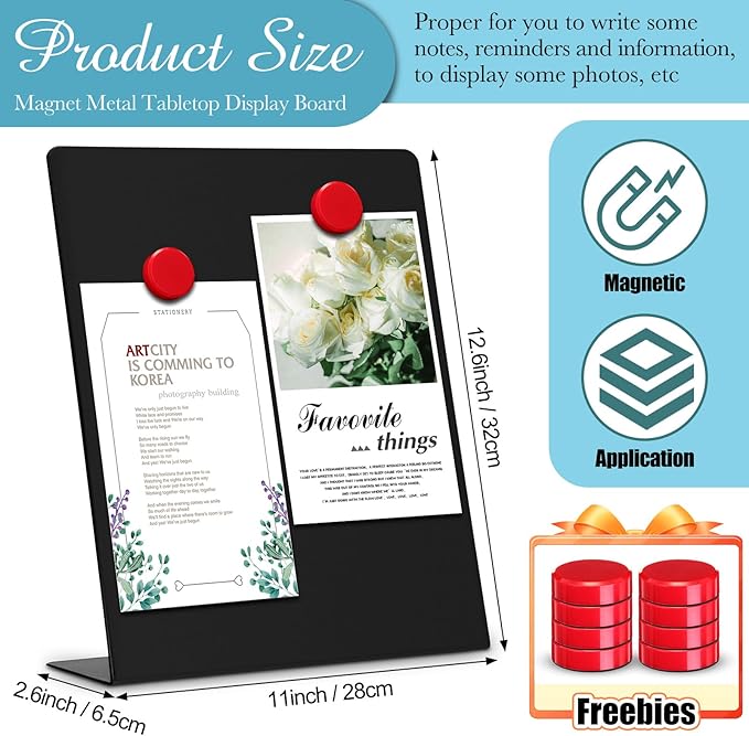 Fainne 2 Pcs Magnetic Bulletin Board with Easel Stand Mini Black Magnet Metal Tabletop Memo Display Board for Back to School Menu Table Office Supplies (12.6 x 11 Inches)