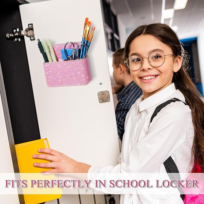 MotiMind Pink Locker Accessories for Girls, Bling Magnetic Pen Holder for Refrigerator, Back to School Rhinestone Marker Holder for Locker, Sparkly Gift for Student (Medium,Pearl)