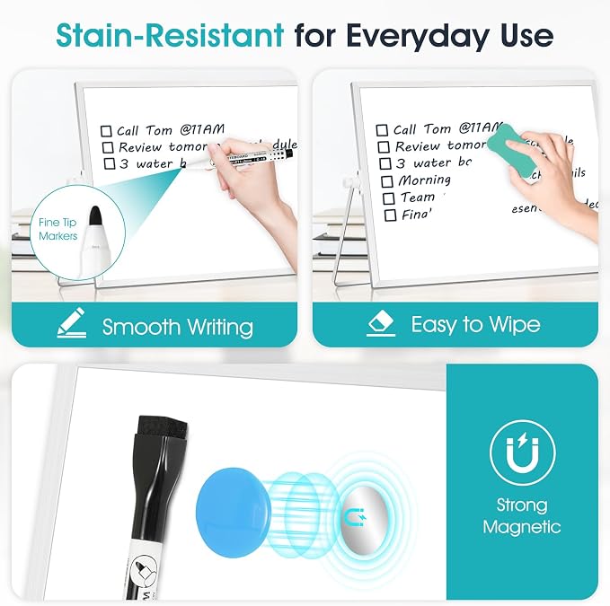 Dry Erase White Board, WALGLASS 12" x 8" Small Desktop Whiteboard with Stand, Double-Sided Magnetic Whiteboard, Portable Dry Erase Board for Kids Drawing, Study, Home, Office, School