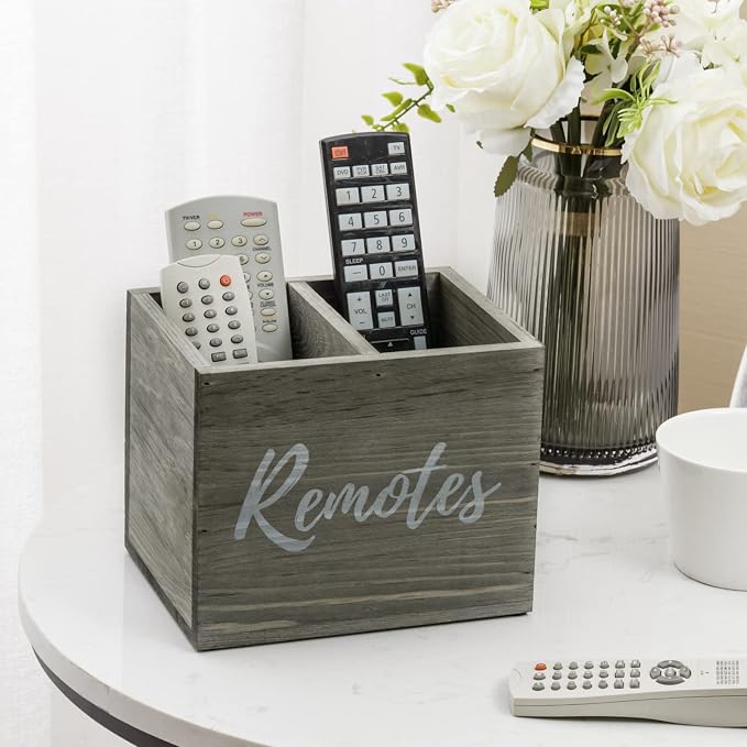 MyGift Vintage Gray Weathered Solid Wood Remote Holder for Table, 2 Compartment Caddy Holds TV DVD Blu-Ray Controls, Media Storage Box with White Cursive Remotes Label