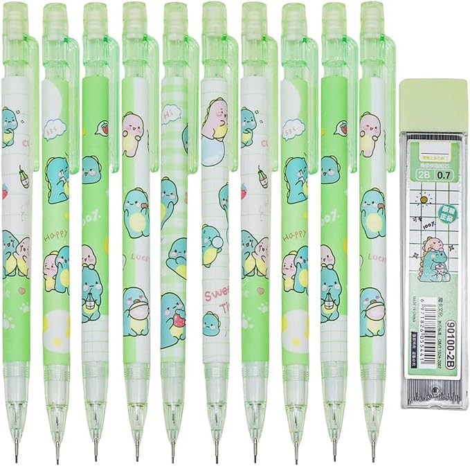 Maydahui 12 Pcs Cute 0.7mm 2B Dinosaur Mechanical Pencils With Eraser and 100 Pcs Lead Refills Dino Auto Pencils For Drawing Writing Sketching Stationery Supplies