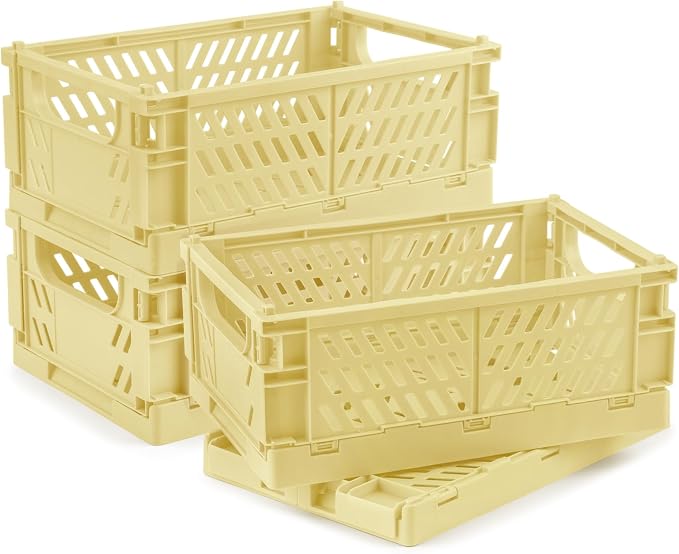 4 Pcs Collapsible Storage Crates, 10x5.9x4 inches Space-Saving Folding Containers, Stackable Plastic Boxes for Home Kitchen Office Bedroom Bathroom, Beige