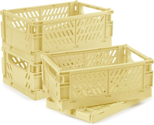 4 Pcs Collapsible Storage Crates, 10x5.9x4 inches Space-Saving Folding Containers, Stackable Plastic Boxes for Home Kitchen Office Bedroom Bathroom, Beige