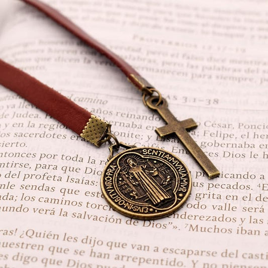 BLBMH Genuine Leather Bible Bookmark with Cross | Catholic Gifts for Men Dad | Christian Book Marker with Ribbon - LB4