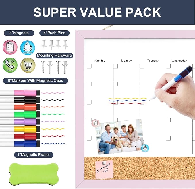 Dry Erase Calendar Cork Board Combo, 17x13 Inches Calendar Whiteboard for Wall, Small Magnetic White Board with Pink Wood Framed, Dry Erase Board for Planner Office Kitchen Home Memo