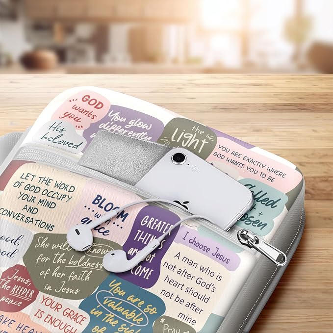 Inspirational Bible Cover for Women Girls Teens, Canvas Scripture Case with Handle and Zipper, Faith Quotes Bible Holder for Church and Bible Study, Christian Gift for Daughter Mom Friends