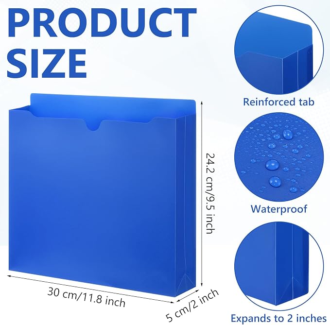 Dunzoom 50 Pack File Jackets Letter Size 2 Inch Blue Expansion Manila Plastic File Folders Expandable Heavy Duty Reinforced Straight Cut Tab Expandable Document Jacket for Office
