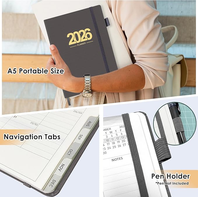 TIIKKASI 2026 Calendar Year Planner Weekly Monthly (Jan - Dec) 6'' x 8.5'' - Lined Journal Notebook Minimalist Agenda Notes, Linen Cloth Book Bound Hard Cover, For School Business Office, Gray