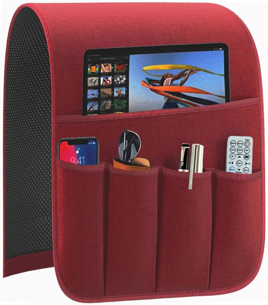 Armrest Organizer Non Slip Remote Control Holder Arm Chair Couch Caddy For Recliner Sofa Bedside With 5 Pocket Storage for Tablet Phone iPad (Winred, W13" x L33")