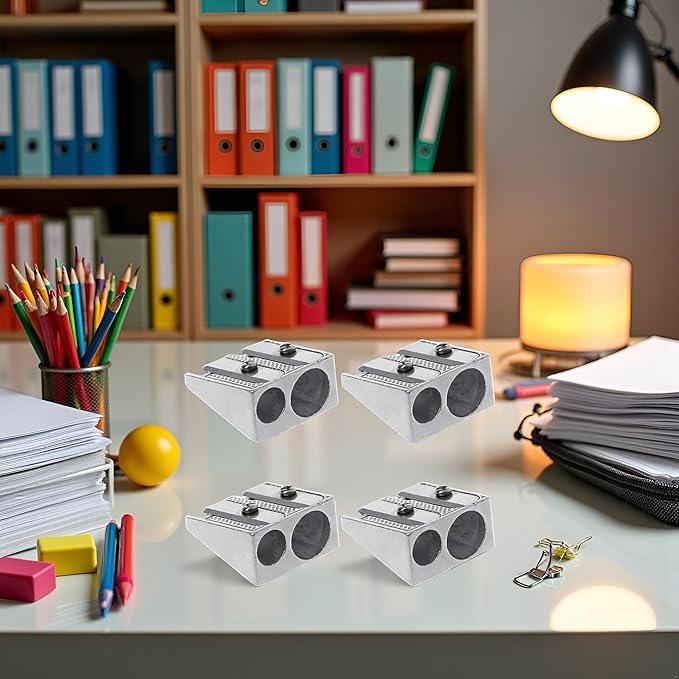 4Pcs Silver Magnesium Pencil Sharpener, Magnesium Metal Manual, Double Holes Rectangular, Handheld Pencil Sharpener, Writing and Correction Supplies