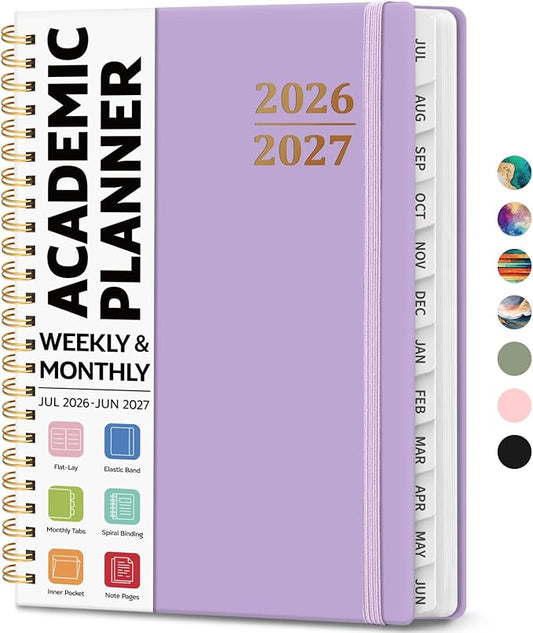 Academic Planner 2026-2027, Weekly and Monthly Calendar Planner Book, July 2026 – June 2027, Hardcover Organizer with Tabs, Perfect for Teachers, Students, Women & Men, A5 (6.4" x 8.5") - Lavender