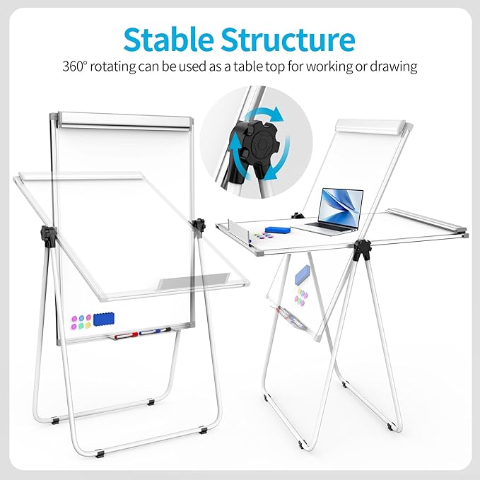 U Stand Double Sided Magnetic Dry Erase Board with Easel Stand, 40"x28" Whiteboard with Flipchart Paper Pad (25 Sheets)- Height Adjustable Standing Whiteboard for Office, Homeschooling & Studio, White