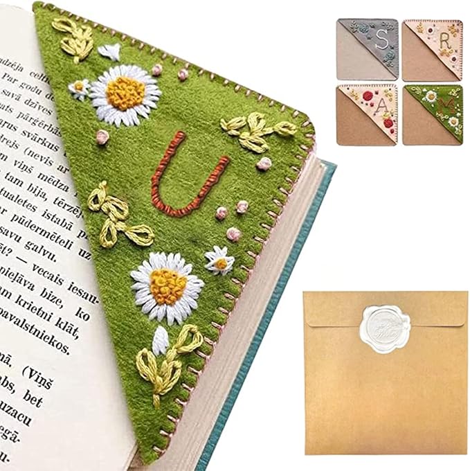 Personalized Hand Embroidered Corner Bookmark, 26 Letters Hand Stitched Felt Corner Letter Bookmark, Cute Flower Embroidery Bookmarks for Book Reading Lovers Meaningful Gift (Summer，U