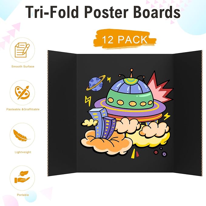 HAUTOCO 12 Pack Trifold Poster Board 26'' x 15.74'' Medium Tri Fold Project Boards Black Corrugated Presentation Cardboard for Science Fairs, School Projects, Event Displays, Business