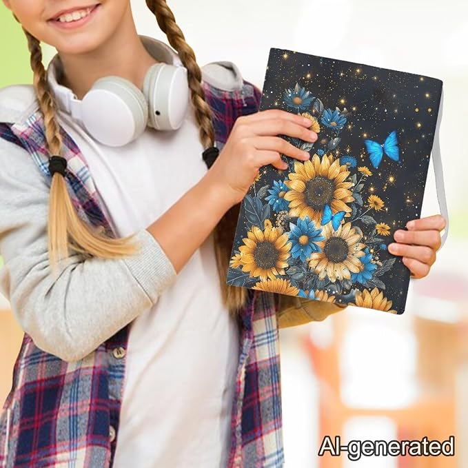 Dreaweet Sunflower Butterfly Book Cover Stretchable Book Sleeve Protector 9 x 11 inch Washable Reusable School Office Supplies Book Socks Kids Girls Back to School Gifts