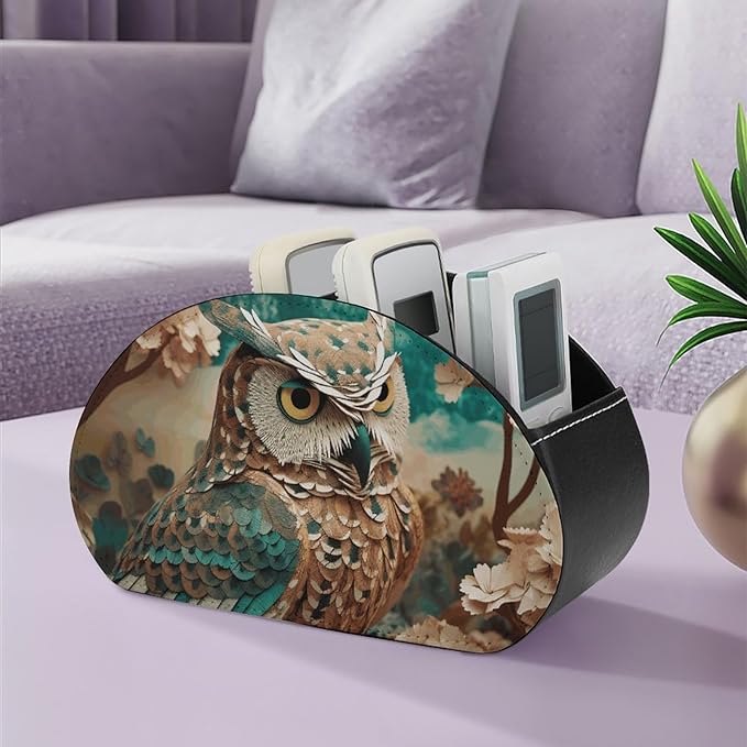 Owl Remote Control Holders Pu Leather TV Remote Holder with 5 Compartments Desktop Storage Organizers Remote Caddy Box for TV Remotes/Media Controllers/Office Supplies
