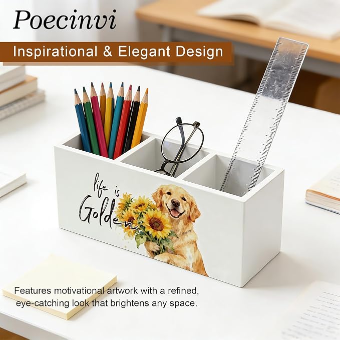 Sunflower Golden Retriever Pen Holder for Home Office Desk, Golden Retriever Gifts for Women, Life Is Golden Humorous Wooden Box Sign Pencil Holder for Desk Shelf Organizer