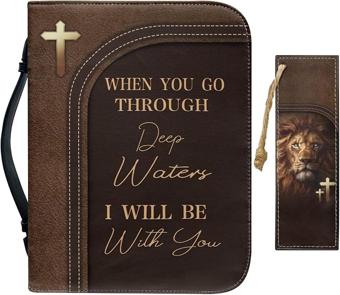 Retro Style Cross and Lion Bible Case with Bookmark Waterproof Bible Cover Case for Women Lightweight Bible Bag with Handle Pockets Church Book Bag Brown