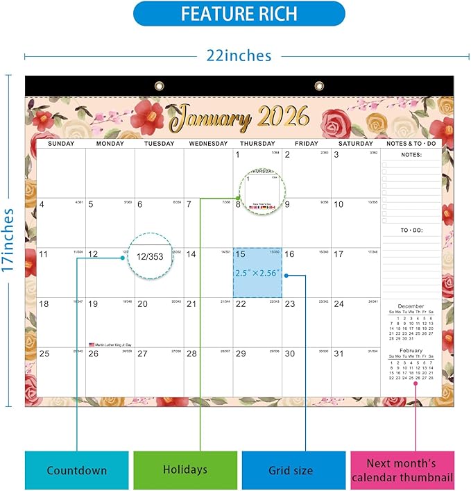Desk Calendar 2025-2026, AgePlace Large 22" x17" Wall Calendar 2025 Covers June 2025 - December 2026, Monthly Desktop Calendar with Different Watercolor Artwork for Each Month for Home & Office School