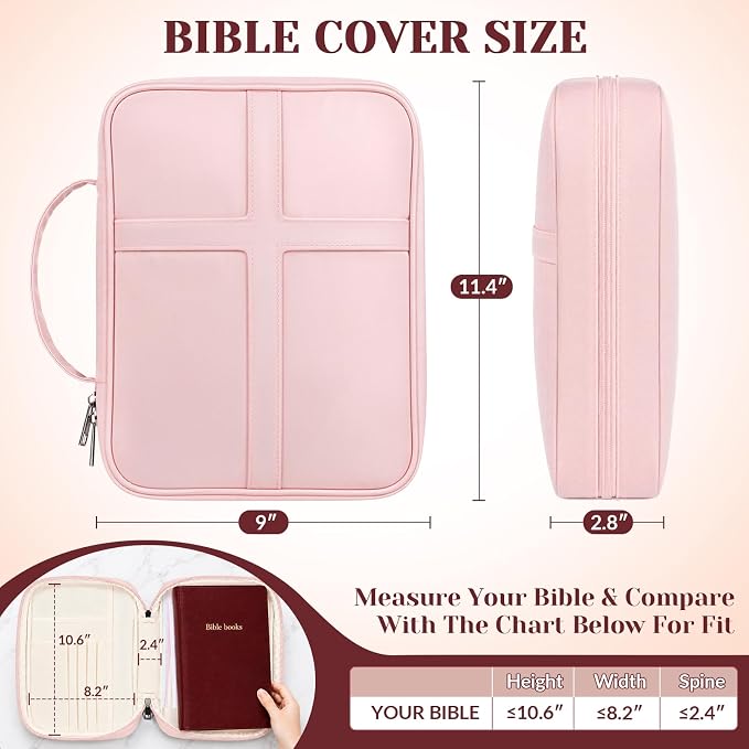 XKDOUS Large Bible Cover, Bible Bag with Handle, Durable Cross Design Bible Case with Bible Accessories, Bible Cover Case for Women and Men, Christian Gift (Pink)