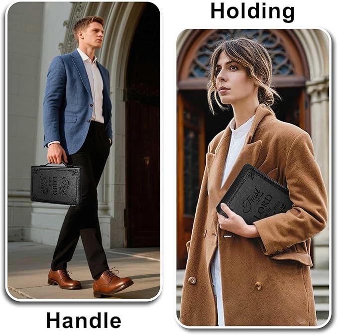Large Bible Cover Case for Men Women, Mens Bible Covers Cases Leather Bible Cover Carrying Case for Women Men with Handle Zippered Bible Book Cover Holder Bag Case(Black, L)