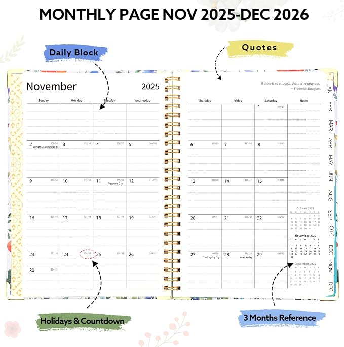 2026 Planner, Weekly and Monthly Planner, January 2026 - December 2026, Calendar Planner A5 (6.5" x 8.5") with Tabs, Inner Pocket for Home School Office Supplies, Red Flower