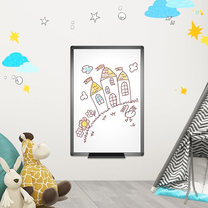 VIZ-PRO Magnetic Whiteboard/Dry Erase Board with Black Aluminium Frame, 24 X 18 Inches, Includes 1 Eraser & 2 Markers & 4 Magnets