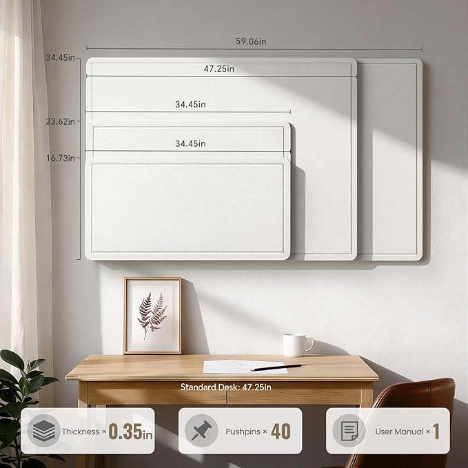 Large Bulletin Board, 35 X 24 Inches Felt Cork Board with 40 Pushpins, Foldable Felt Notice Pin Board Photo Display Board with Self-Adhesive Tape for Office Home School (White, 35x24 inch)