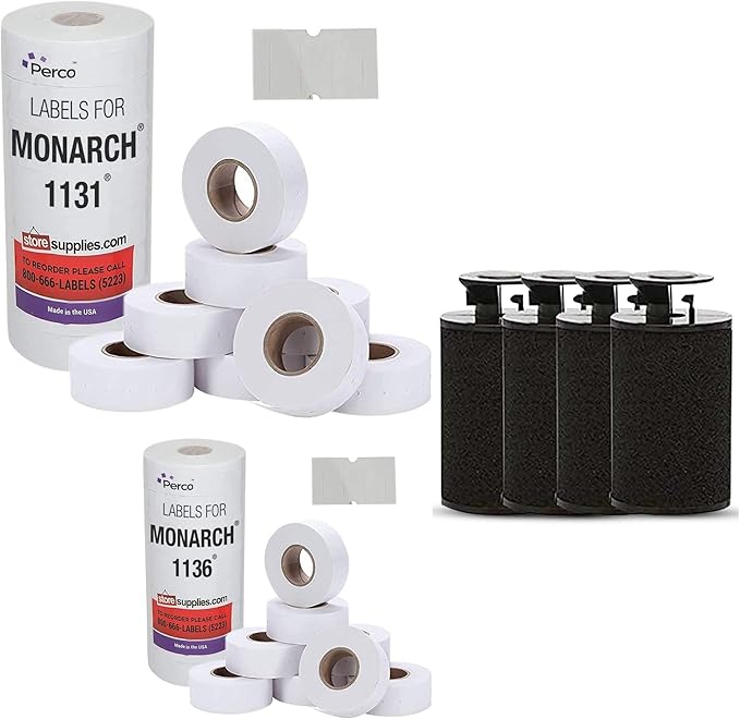 Perco White Pricing Labels for Monarch 1131 Price Gun - 1 Sleeve, 20,000 Blank Marking Labels Bundled w Monarch Ink Roll 1131 1130 & 1136 Price Labelers (Pack of 4) and White Pricing Labels