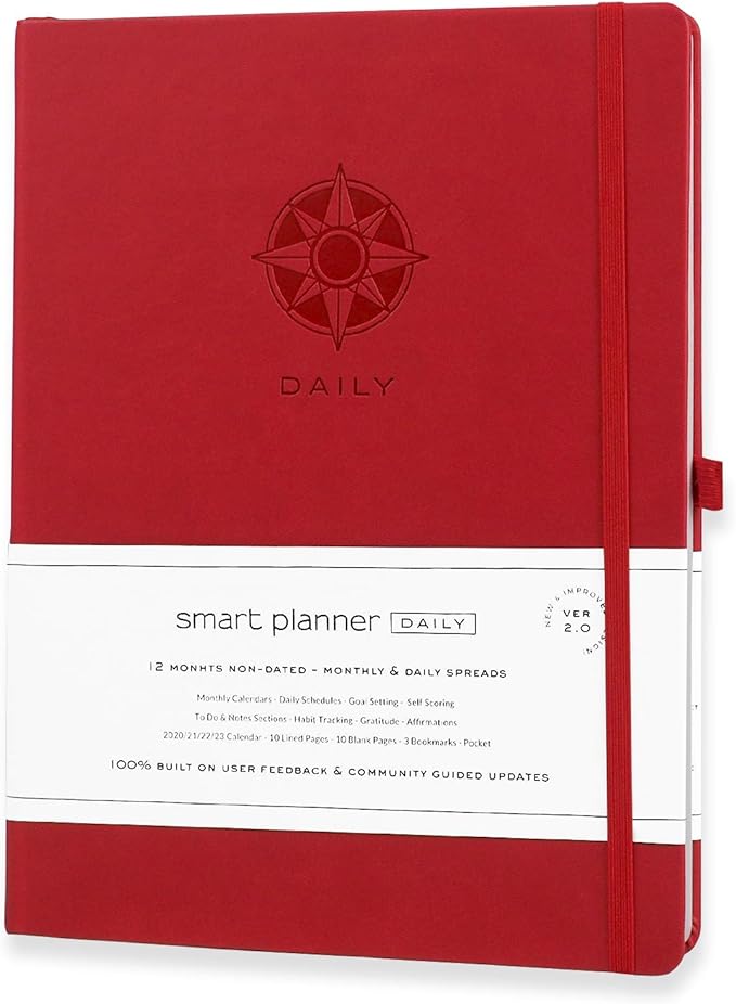Smart Planner Daily Planner 2024 – Undated A4 Large Planner – Weekly Monthly Daily Journal Planner to Achieve Goals, Full Focus & Productivity, Time Management & Happiness - Hardcover, Leather