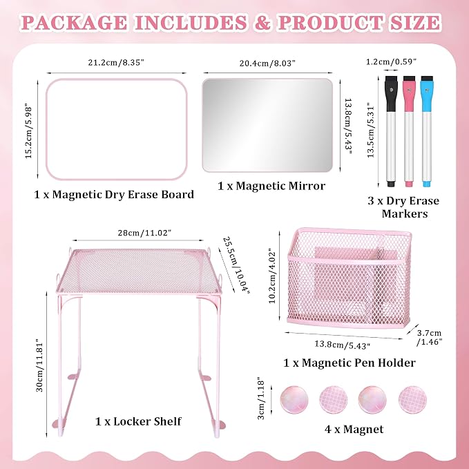 AKONEGE 11 PCS Locker Accessories Kit Pink Locker Organizer Decorations Supplies Includes Folding Shelf, Magnetic Mirror & Whiteboard, Pen Holder, Dry Erase Markers, Magnets, Back to School Essentials