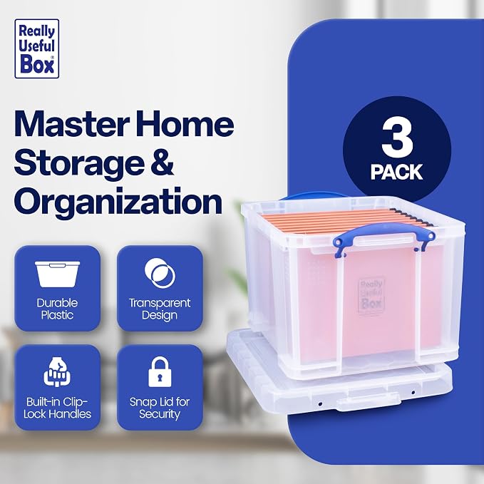 Really Useful Box 32 Liters Storage Bin Container with Snap Lid and Clip Lock Handles for Lidded Home and Office Storage Organization, 9 Pack
