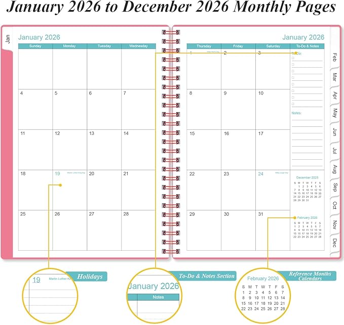 2026 Planner - Weekly & Monthly Planner from January 2026 - December 2026, Planner 2026 with Flexible Cover, Tabs, Inner Pocket, 6.4" x 8.5", Pink