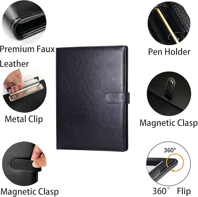 Padfolio Clipboard Folder, A4 Size PU Leather Portfolio Organizer with Cover for A4 Letter Size Notepad, Resume, Writing Pad