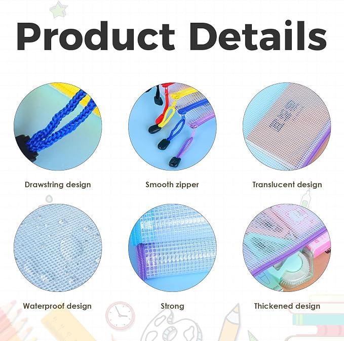 64 Pcs A4 Mesh Zipper Pouch Bags, 8 Colors Waterproof Zipper Pouches, 13 x 9.25 Inch Mesh Bags, Plastic Zippered Storage Bags, Bulk Clear File Bag for Office Supplies, Home Organize