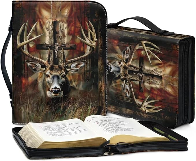 Leather Bible Cover, Carrying Bible Book Bag Church Case,Bible Protective with Handle for Men Women,Gothic Style Deer and Cross,Medium