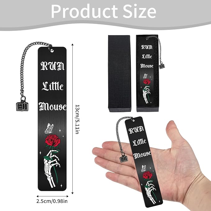 Dark Romance Gothic Metal Bookmarks: Skeleton Rose Book Mark with “Run Little Mouse”, Dark Romance Merch for Reading Women, Bookish Gifts for Woman Girls Book Lovers School Office Supplies