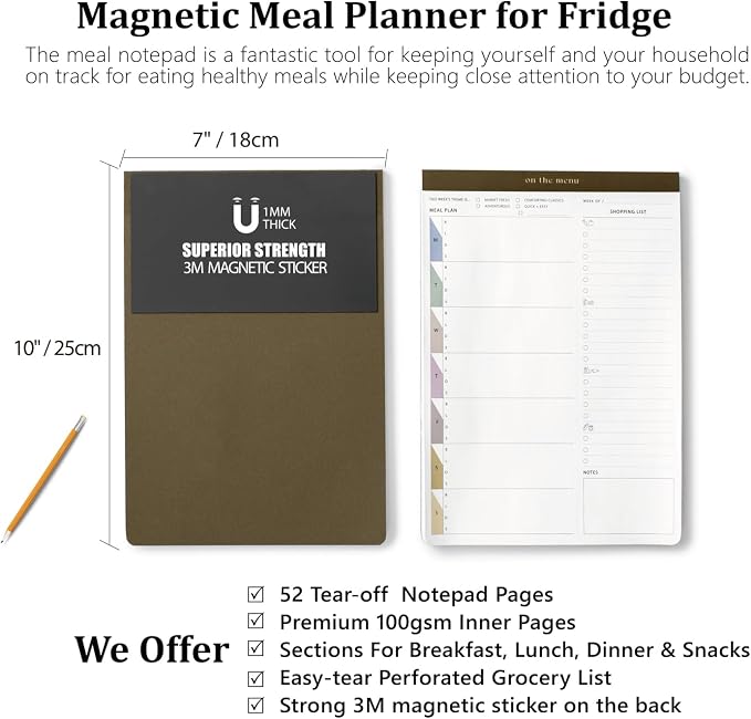 Weekly Meal Planner and Grocery List Magnetic Notepad for Refrigerator - 7x10” Meal Planning Pad with Tear Off Shopping List-Plan Weekly Menu Food for Weight Loss or Dinner List for Family