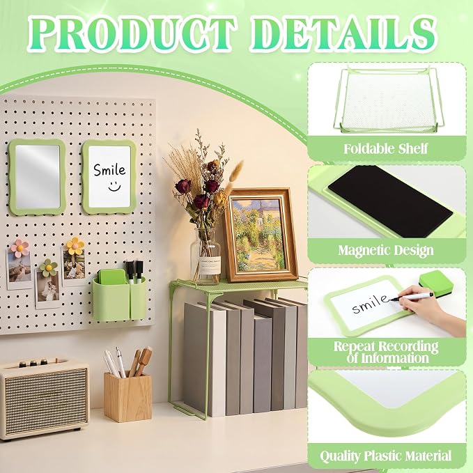 Colarr 16 Pcs Light Green Locker Accessories for Girls Includes Magnetic Whiteboard & Mirror Locker Shelf Pen Holder 2 Dry Erase Marker & Eraser 9 Flowers for Back to School Essentials Decoration