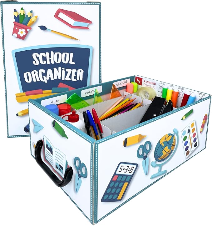 Lavatelli: School Organizer Box - Lid & Handles, Decorative Cardboard Storage, Dividers, Pen Holder, Classroom-Home-Office-Desk, 12.8 x 8.9 x 5.9