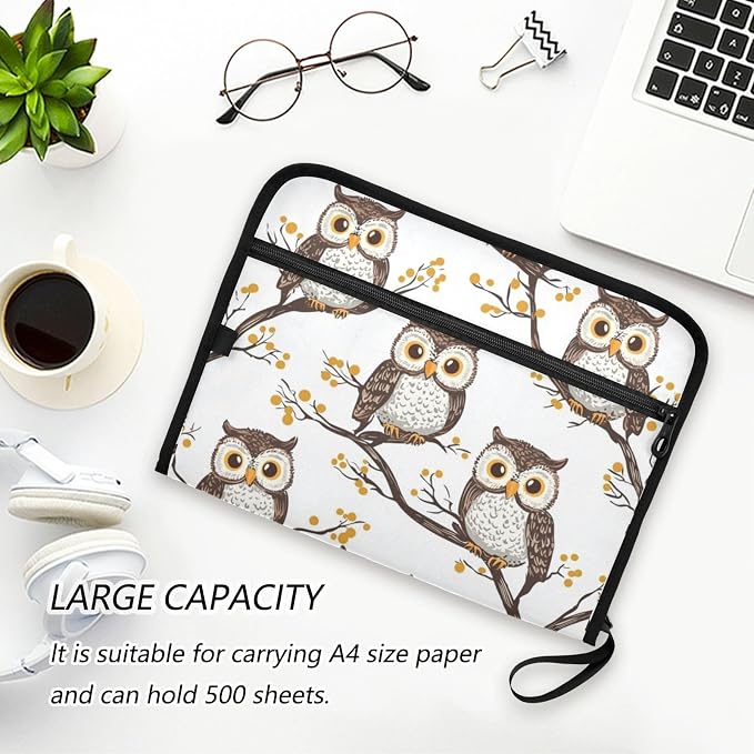 Branch Owl File Folders, Plastic Folders with 13 Pockets, Expandable File Folder for Documents School Students Office, Aesthetic Folder with Labels A4 Letter Size