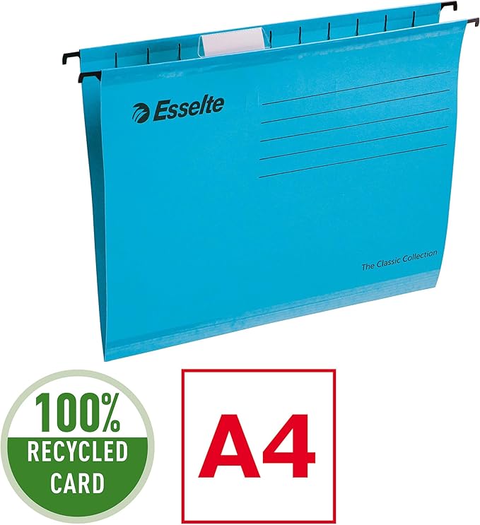 Esselte A4 Reinforced Filing Cabinet Suspension File, Pack 15, Made from Strong 100% Recycled Card, with Tabs and Card Inserts, for Home, Office, School Organisation, Blue