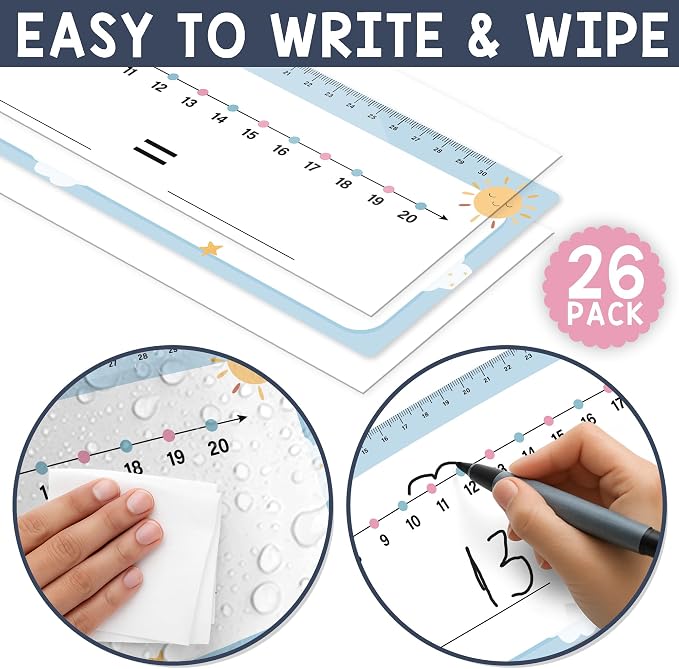 26 Pack Boho Number Line Dry Erase Boards Cards, 14"x4", Double-Sided, 0-10 on One Side & 0-20 on Other Side, Math Manipulatives for Student, Education Classroom Must Haves