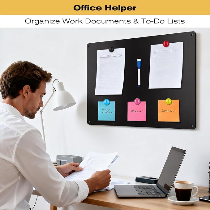 24" x 36" Magnetic Board, Black Magnet Bulletin Board to Display Magnetic Letters, Metal Board for Wall, Refrigerator Photo, with Dual Lock Tape and Screws, Marker Pen