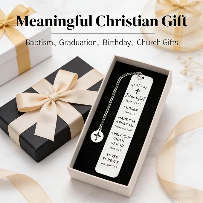 Christian Stainless Steel Bookmark with Cross Pendant – Inspirational Bible Verse Scripture – Perfect Religious Gift for Women, Men, Girls, Baptism, Graduation