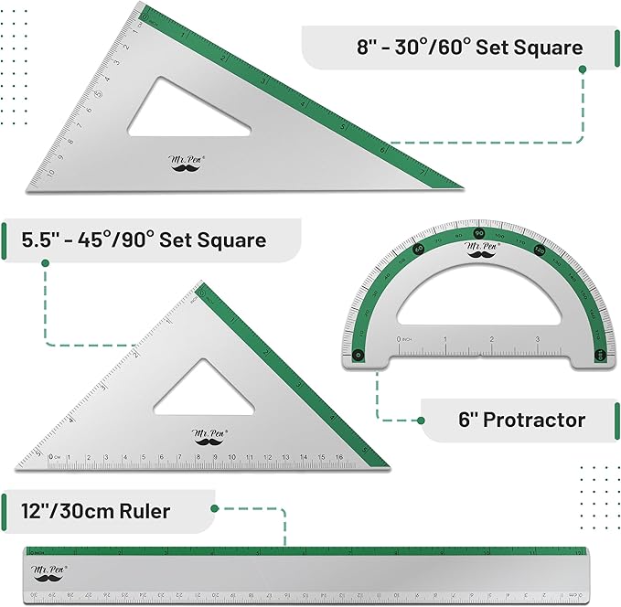Mr. Pen- Metal Geometry Kit, 4 Pack, 45° & 30°/60° Set Squares, 6" Protractor & 12" Ruler, Durable Metal Drafting Tools for Technical Drawing, Math, Engineering & Architecture