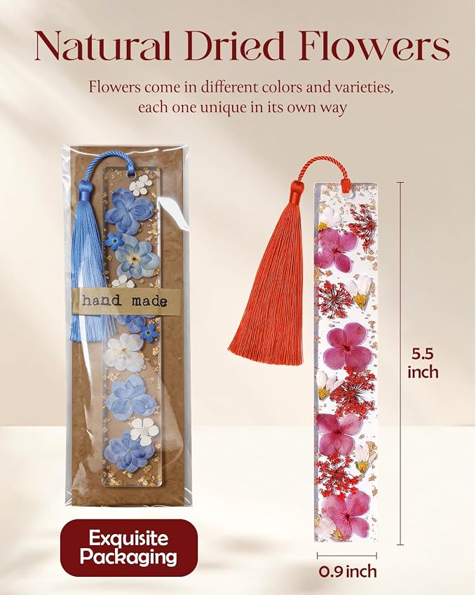 Buleens 2PCS Bookmarks for Women - Pink Blue Book Marks for Readers Book Lovers, Personalized Handmade Dried Flower Resin Pressed Flowers Bookmark with Tassels, Pretty and Aesthetic